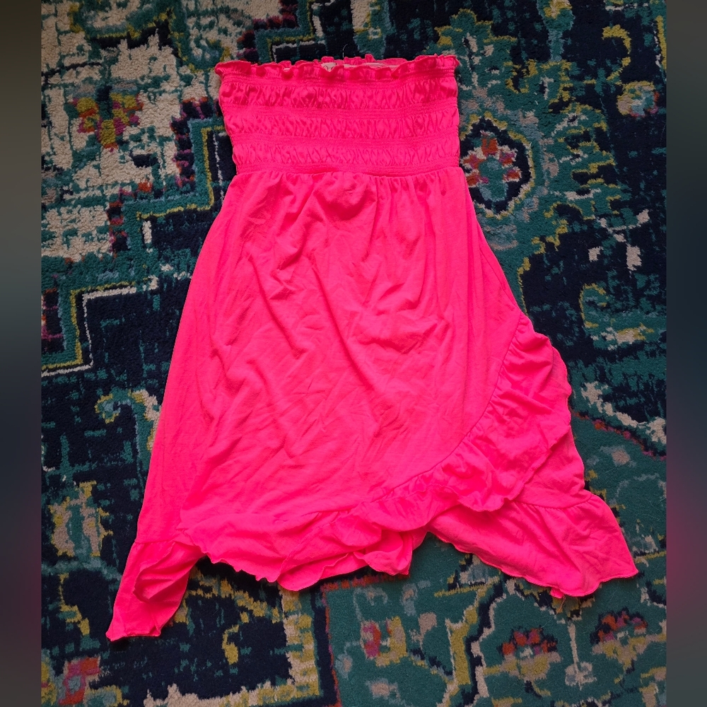 hot pink strapless pull-on swim cover dress